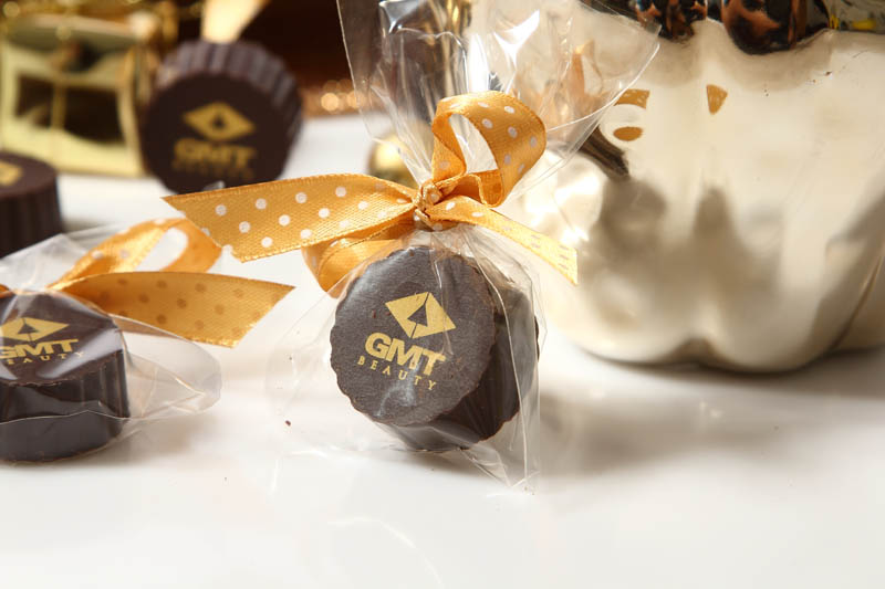 Chocolate Gifts - 13g Praline with Hazel Nut Cream Filling in a polybag with Ribbon